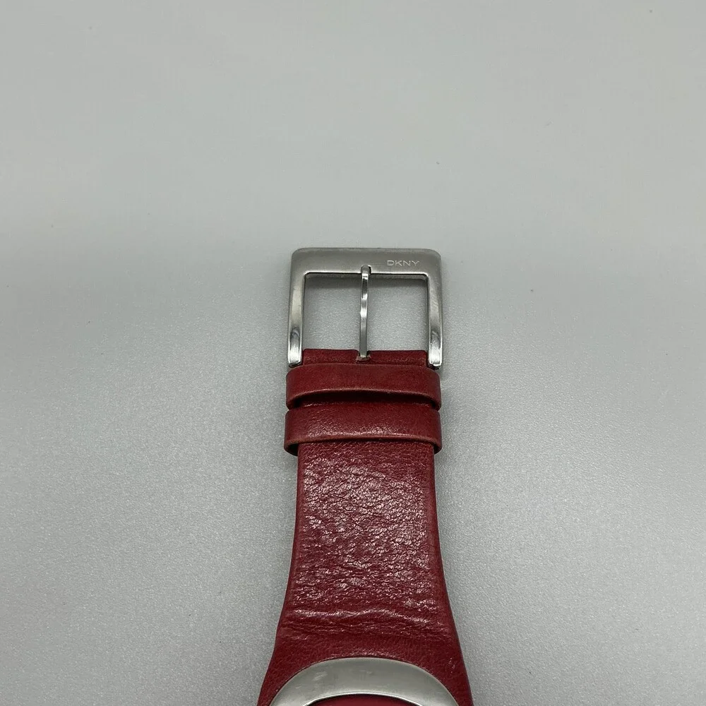 DKNY Womens Watch 33mm Silver Tone White Dial Red Leather Dress Cuff New Battery